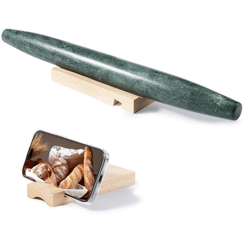 Marble Rolling Pin Dough Roller Heavy Duty Non Stick W/ Wooden Base Bakers Gift