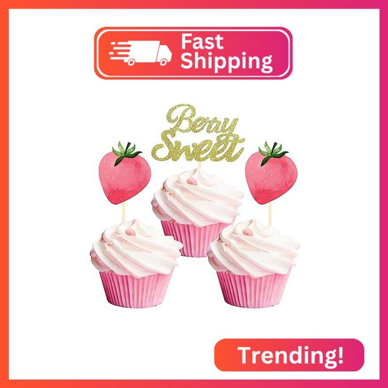 24 Pcs Strawberry Cupcake Topper Glitter Berry Sweet Cupcake Topper for Berry Ru