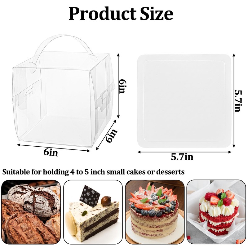 50 Pack Clear Cake Boxes with Handles, 6x6x6 Inch Square Transparent Bakery f gallery