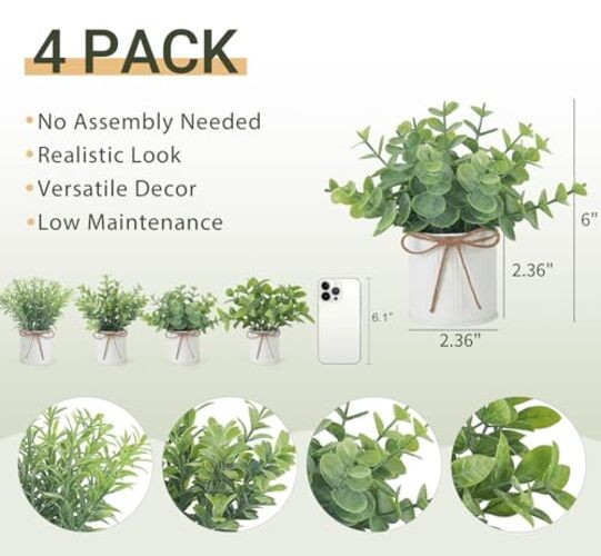 4 Packs Small Fake Plants in Farmhouse Galvanized Pots Table Mini-6"H White gallery