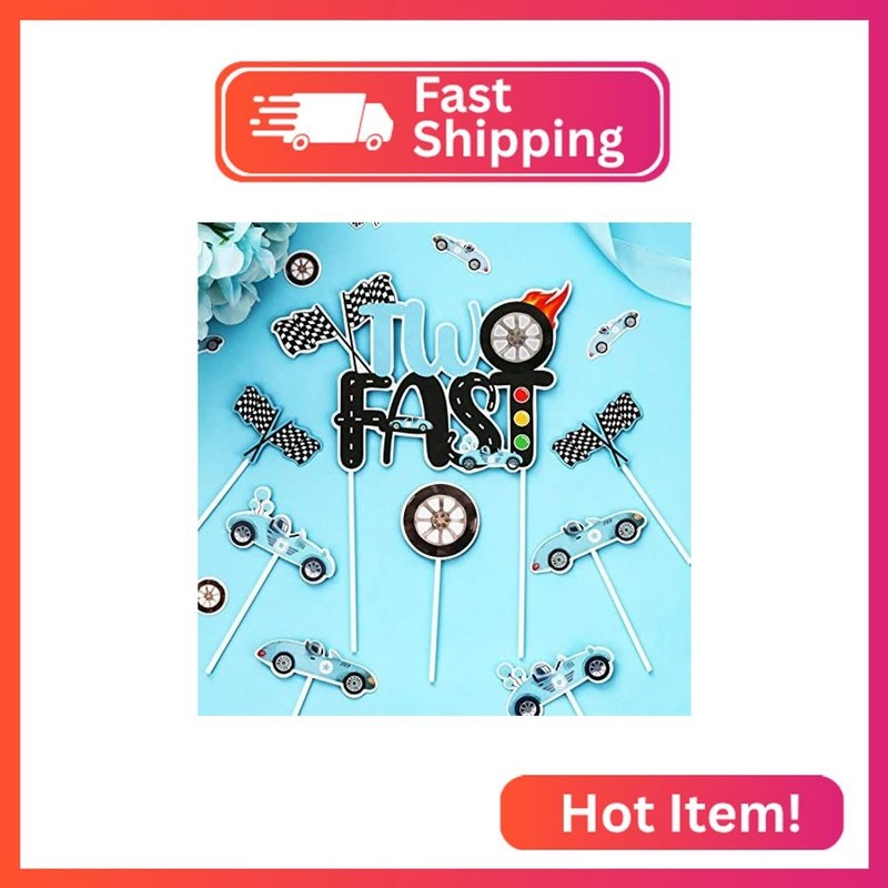 JOYMEMO 25 PCS Vintage Two Fast Cake Decorations for Boys - Blue Race Car 2nd Bi gallery