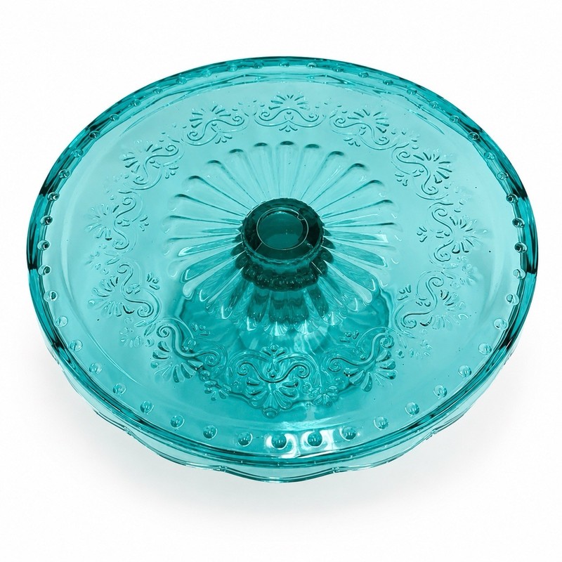 Retired Pioneer Woman Cassie Cake Stand Embossed Glass Plate Teal 10” Inches gallery
