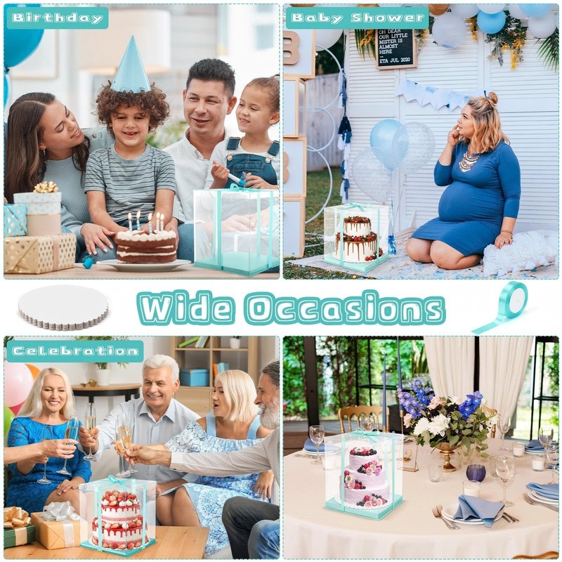 6 Pack Large Clear Cake with Round Cake Boards and Ribbon Taller Carrier Tier... gallery