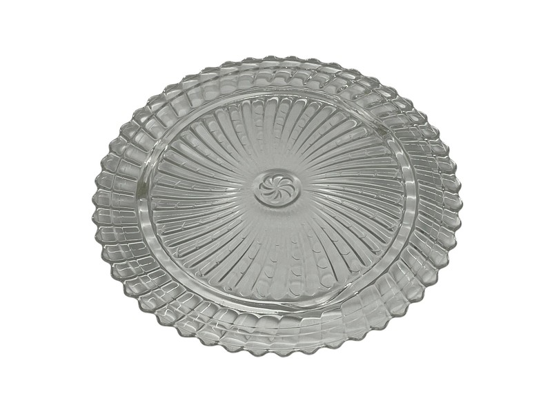 Vintage Pressed Clear Glass Serving Platter Cake Plate 11″ Ribbed Sunburst