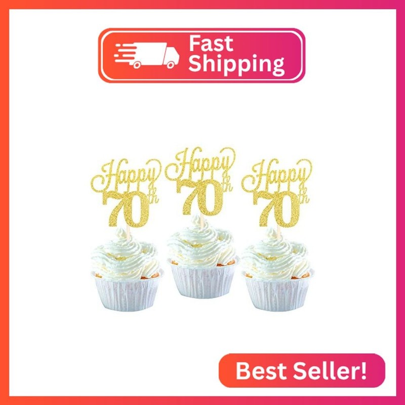 24 Pack Happy 70th Cupcake Toppers Glitter Number 70 Seventy Cheers to 70 Cupcak