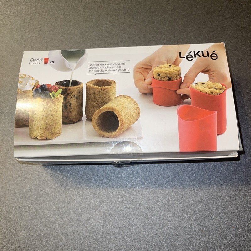 Lekue~8 Cookie Glass~Silicon~Tube mold~recipes~instruction booklet~Open box~used