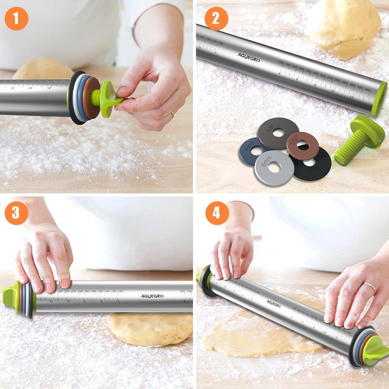 Stainless Steel Rolling Pin with Thickness Rings and Pastry Baking Mat for Ba... gallery
