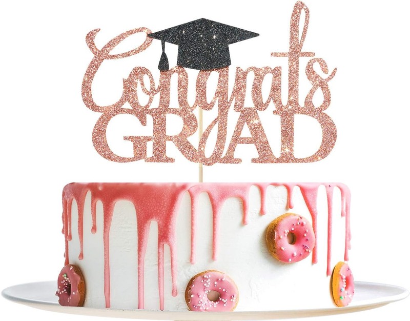Rose Gold Glitter Congrats Grad Cake Topper – 2026 Graduation Decorations – High