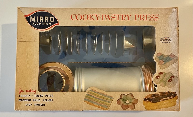 Mirro Cookie Cooky Pastry Press with 3 Tips 9 Discs Copper Aluminum USA gallery