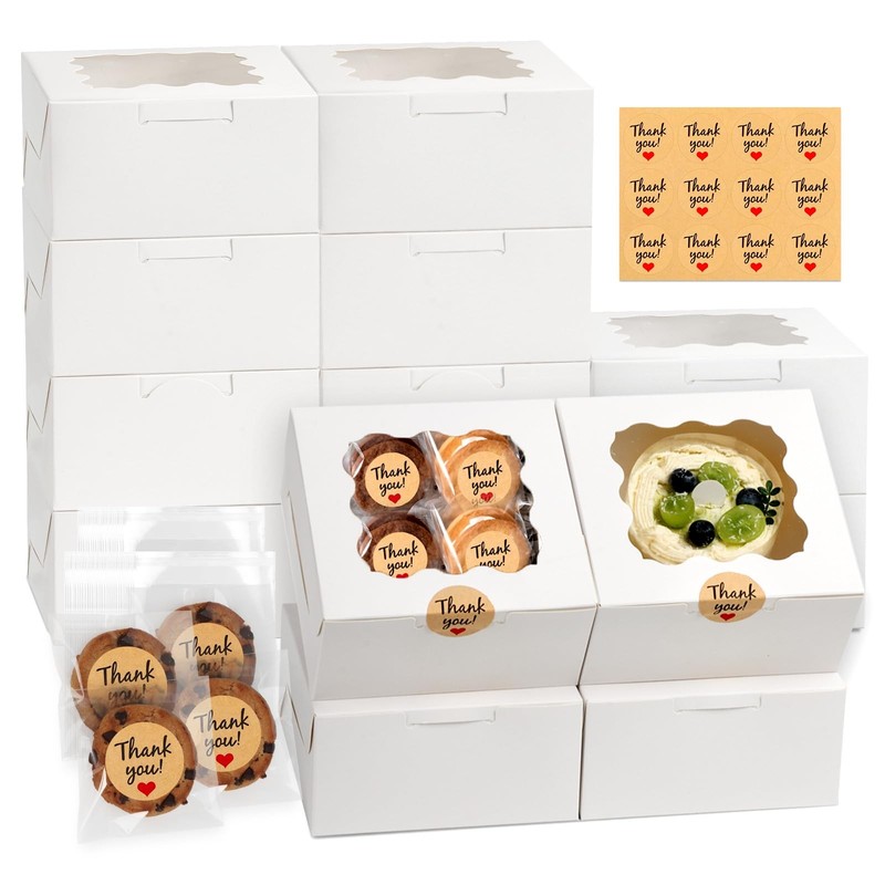 12 Pcs Cookie Boxes with Window, 6x6x3 Inches White Bakery Boxes, Treat Boxes wi
