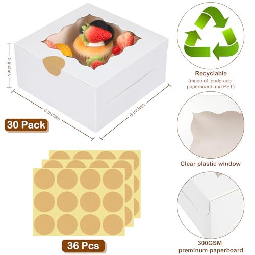 30 Pcs Bakery Boxes with Window 6"x6"x3" Paperboard Treat Boxes White gallery