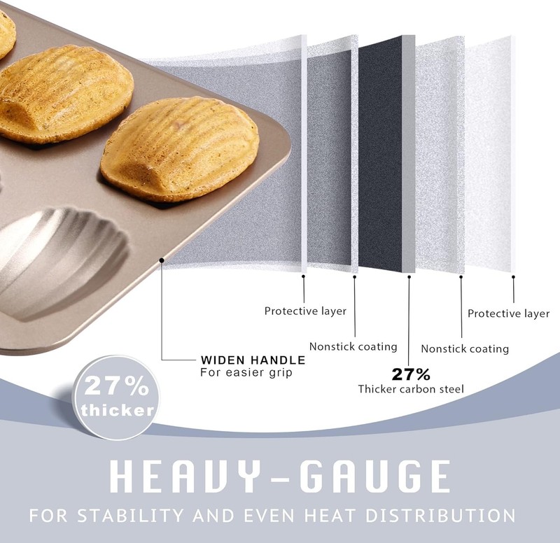 HONGBAKE Nonstick Madeleine Pan 2 Pack 12-Cavity Heavy 2 pack, Champagne Gold gallery