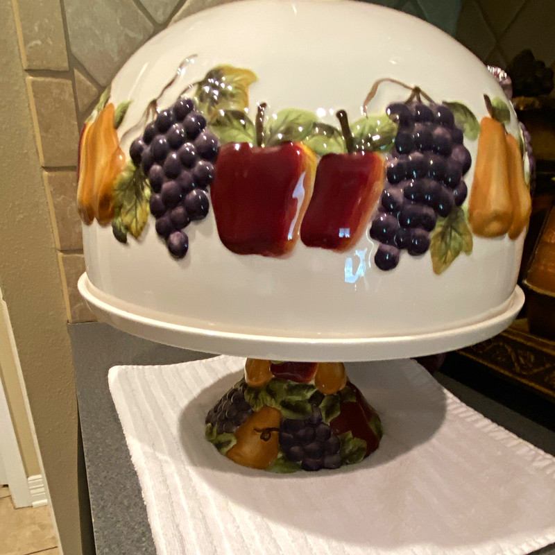 VTG BH&G HOME INTERIORS SONOMA VILLA HANDPAINTED EARTHENWARE CAKE STAND & DOME