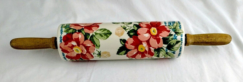 PIONEER WOMAN Vintage Floral Ceramic Rolling Pin w/ Wood Handles – EUC