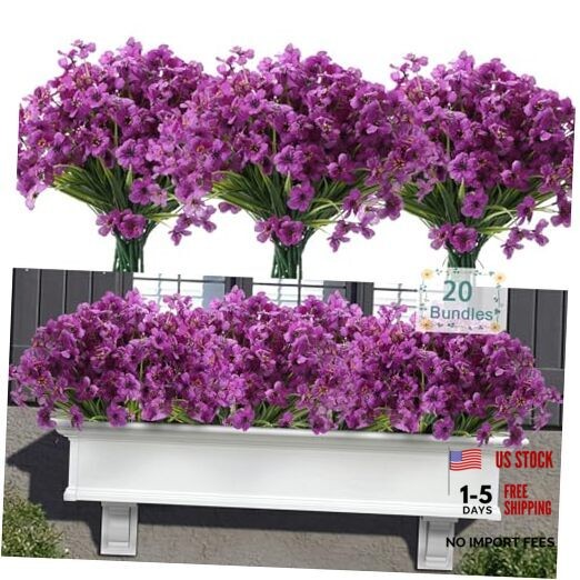 20 Bundles Artificial Flowers for Outdoors, UV Resistant Fake 20pcs Purple