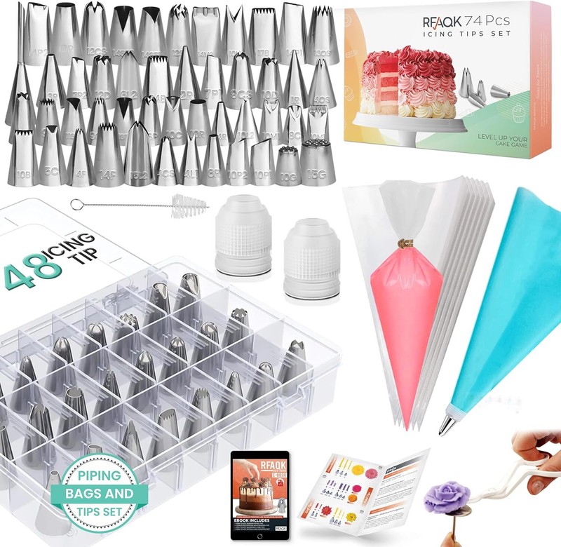 74 Pcs Icing Piping Bags And Tips Set, Cake Decorating Kit With 48-Numbere