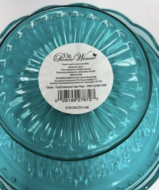 Retired Pioneer Woman Cassie Cake Stand Embossed Glass Plate Teal 10” Inches gallery