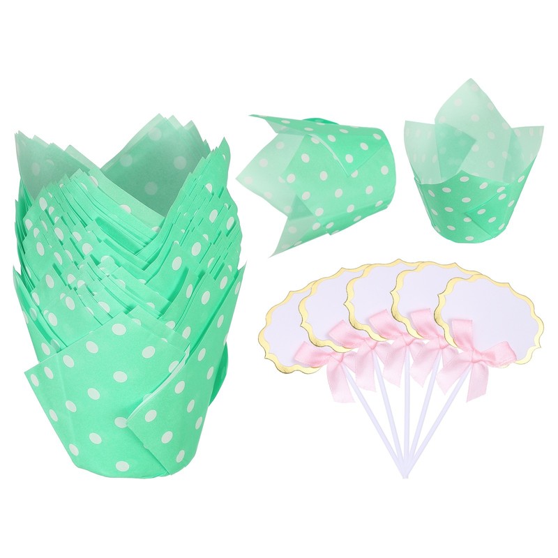 50Pcs Tulip Cupcake Liners with 5Pcs Cheese Markers Polka Dot Liners, Green