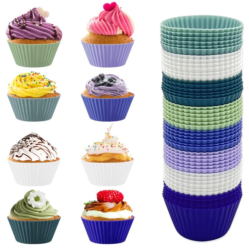 48 Pack of Silicone Cupcake Liners, Reusable Mini Muffin Baking Cups, Food Gr…
