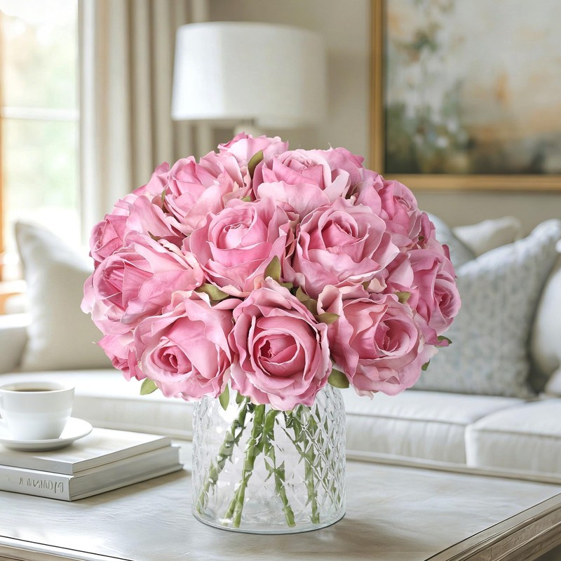 Ivydale 18pcs Pink Roses Artificial Flowers, Fake Roses Silk Flowers with Stems gallery