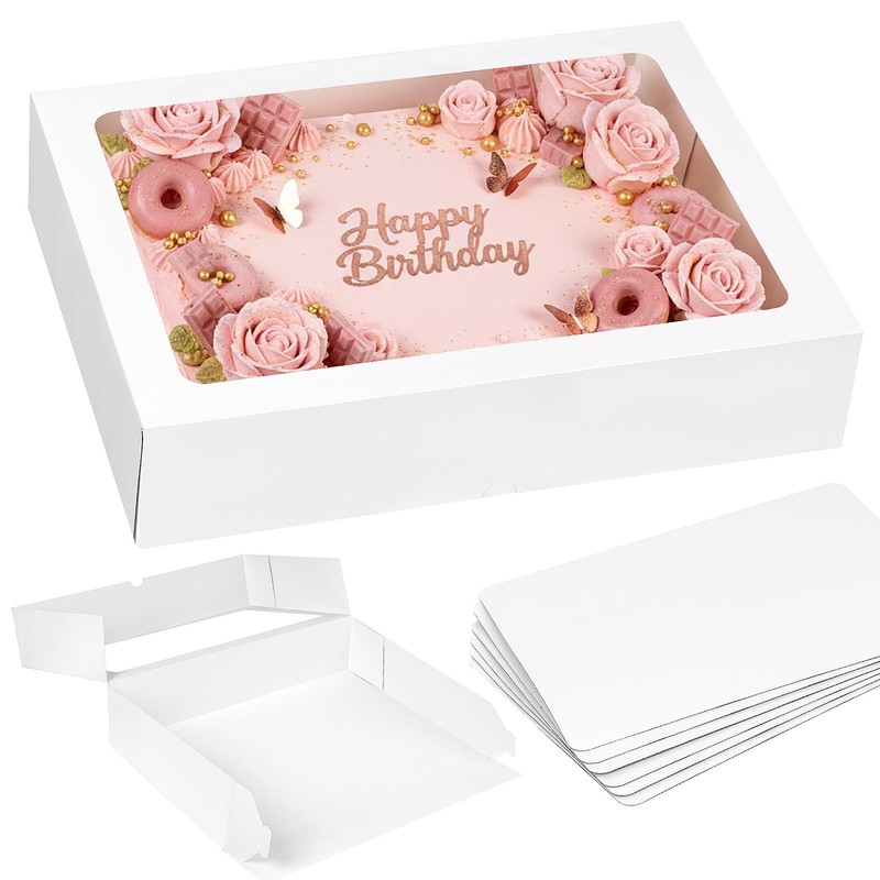 6 Pack 19x14x4 Inch Large Half Sheet Cake Boxes with Thick Cake Boards, White…