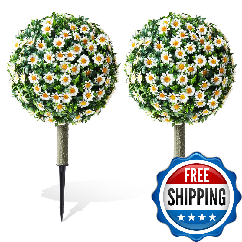Set of 2 Artificial Topiary Ball Trees with White Mum for Outdoor with Ground Sp