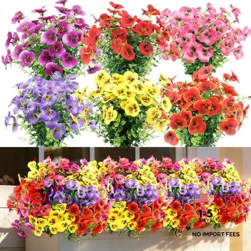 JEMONG Artificial Outdoor 18 Bundles – Fake Silk – Spring & Summer Pansy Flowers