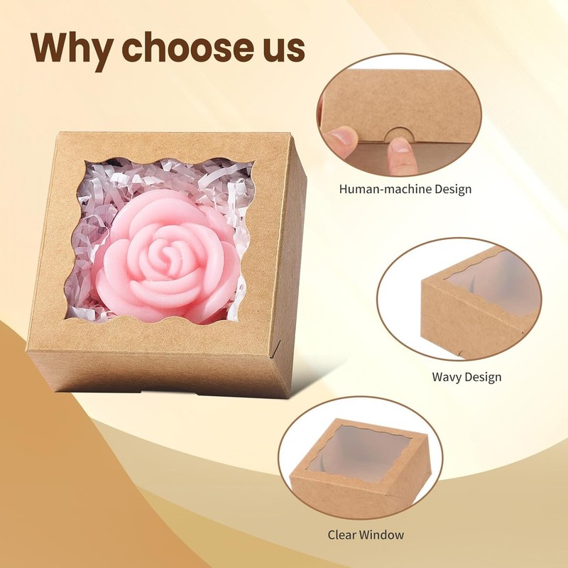 100Pcs 3.25"×3.25"×1.5" Brown Kraft Cookie Boxes with Clear Window gallery