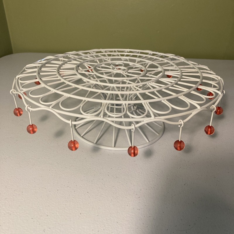 White Open Wire Round Cake Stand Pedestal 12” Scalloped Edge Pink Dangle Beads
