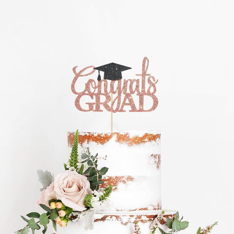 Rose Gold Glitter Congrats Grad Cake Topper - 2026 Graduation Decorations - High gallery