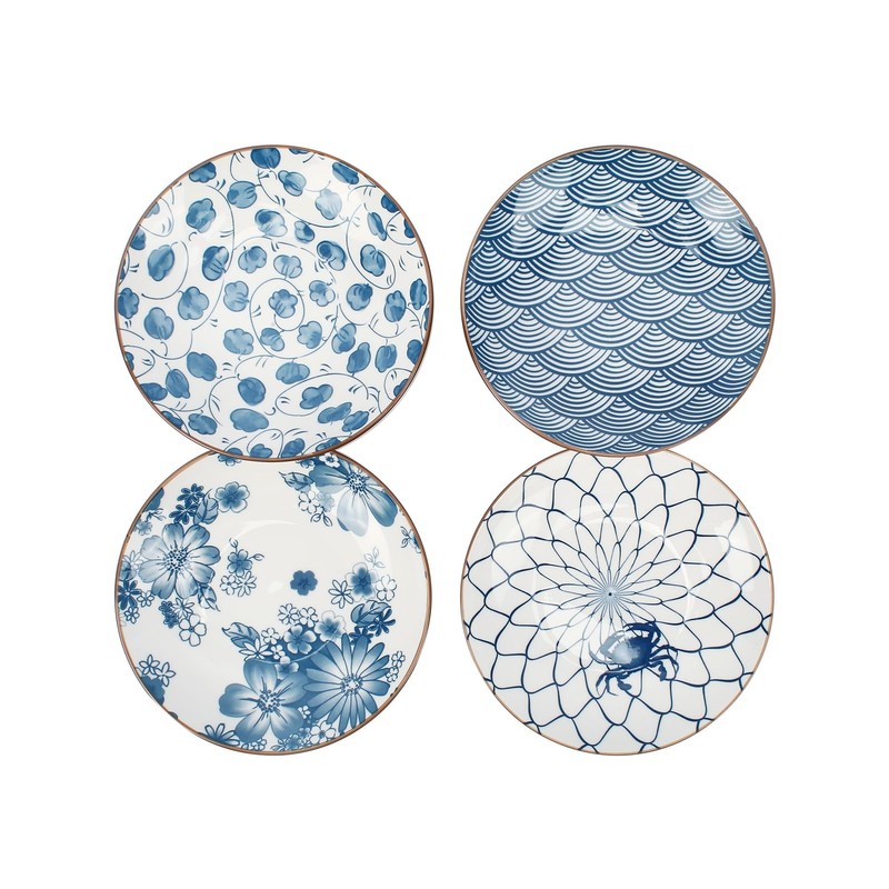 YALONG Small Ceramic Salad Plates Set of 4, 7 pattern-2(7 inch), Blue & White