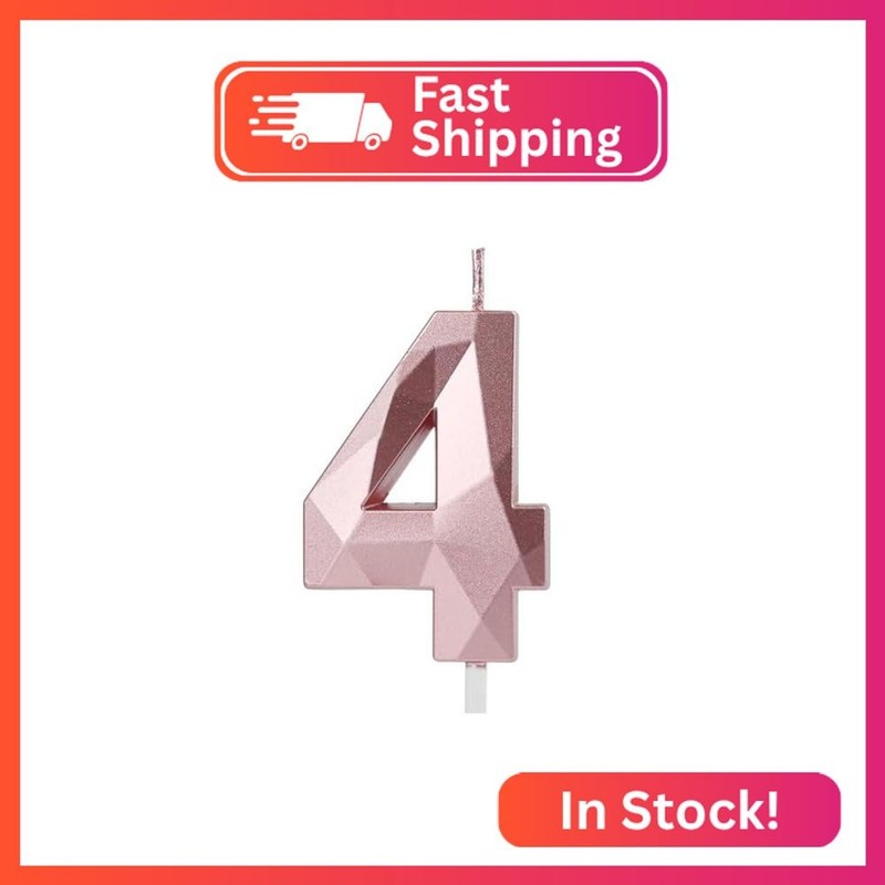 Number 4 Candles, 4th Birthday Candles, Rose Gold Happy Birthday Candle for Cake