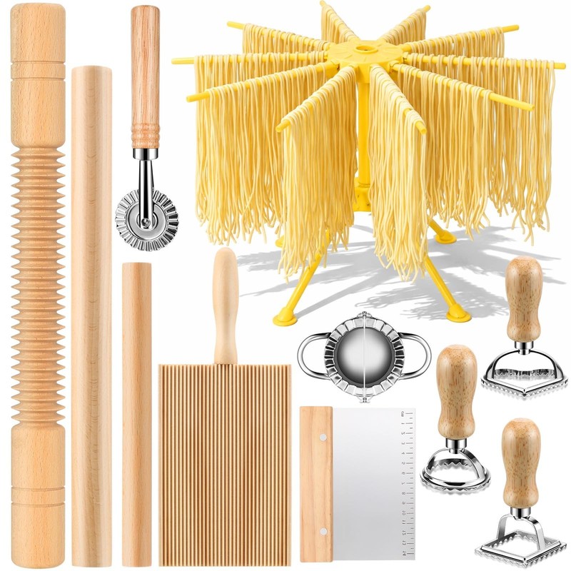 11 Pcs Pasta Making Tools Kit - Pasta Drying Rack, Gnocchi Board,Pasta Cutter...