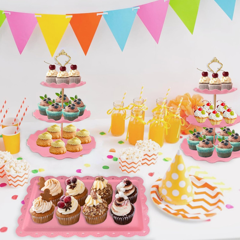 5 Pcs Dessert Table Display Set, Pink Plastic 2 Pcs round 3 Tier Cupcake Stand C gallery