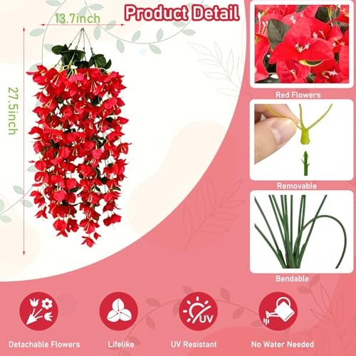 Faux Bougainvillea Artificial Flowers Plants for Outdoor Outside 1pcs Red gallery