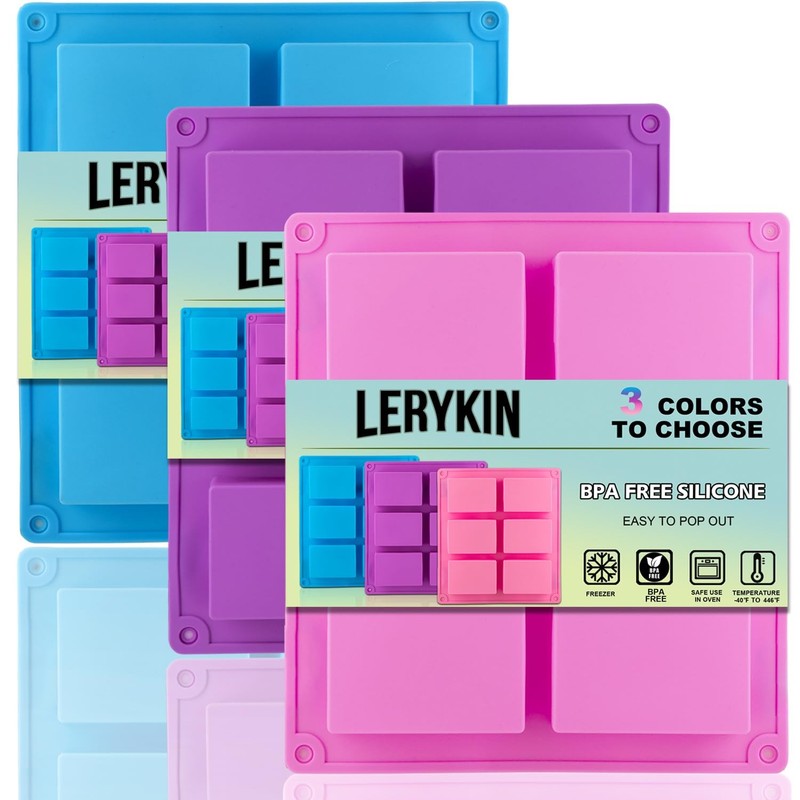 LERYKIN 3 Pack Silicone Soap Mold, Pink+Blue+Purple - Rectangle