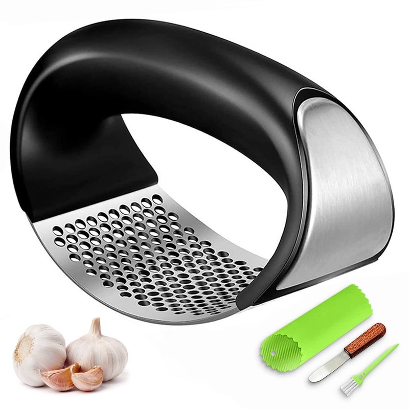 Garlic Press Rocker, Stainless Steel Mincer Crusher Black+Silver