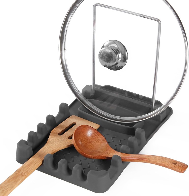 Silicone Utensil Rest with Foldable Stainl Steel Lid Holder –