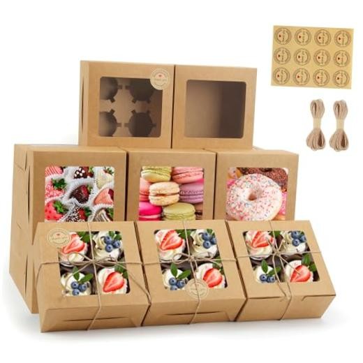 50 Cupcake Boxes with Window, 6x6x3 Inch, Cookie Brown-Sticker A-50pcs gallery