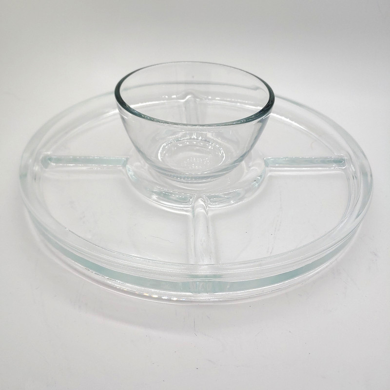 Clear Glass Relish Tray Chip and Dip Bowl Converts to Cake Stand-11 inch Vintage gallery