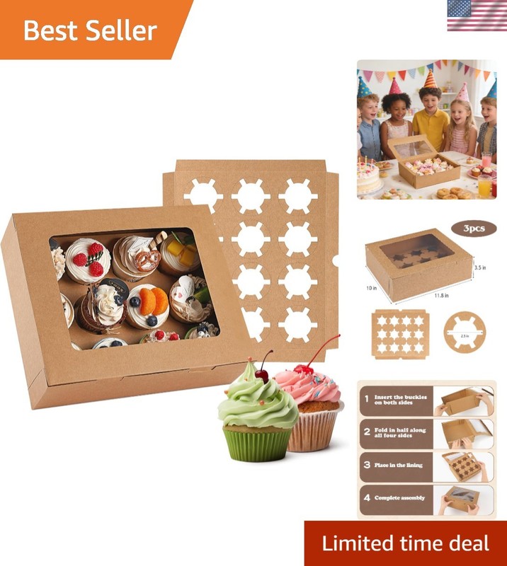 3-Cupcake Box Set: 12 Count Bakery Containers with Display Windows