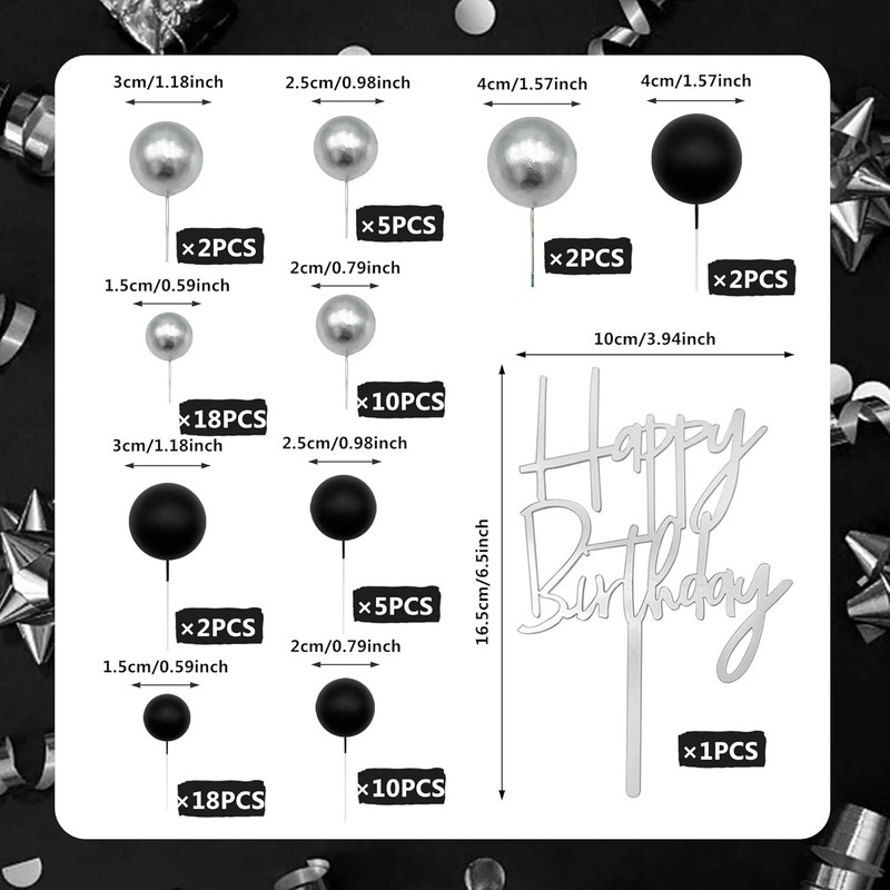 75 PCS Black and Silver Balls Cake Topper Happy Birthday Cake Insert for Baby gallery