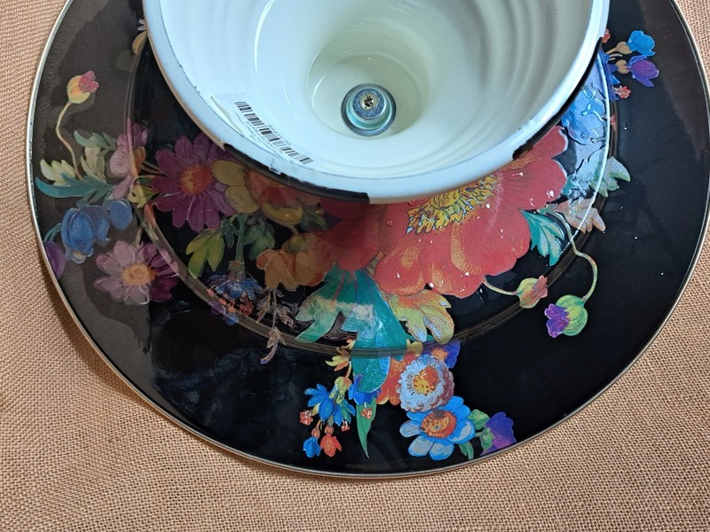 LARGE 16" MACKENZIE CHILDS CAKE STAND PEDESTAL PLATTER W ORIGINAL UPC STICKER gallery
