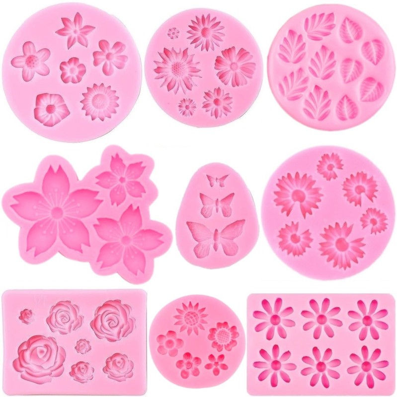Flower Silicone Molds,9pcs Rose Leaf Daisy Sunflower Chrysanthemum Small Flow…