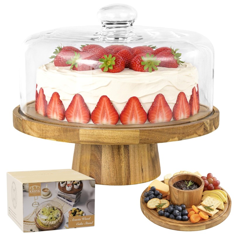 Acacia Wood Cake Stand with Lid, 12″ Glass Cake Stand with Dome Cake Holder, …