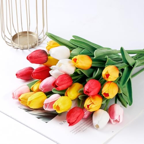 Fake Tulips Artificial Flowers Real Touch PU Faux Flowers Tulip 30 Pcs Mixed 1 gallery