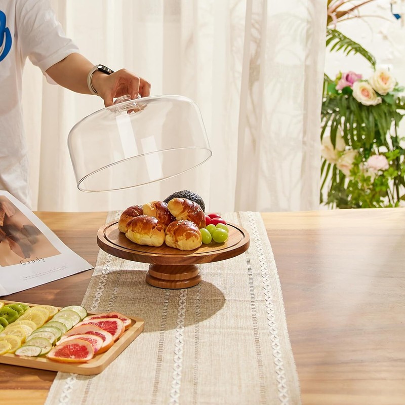 Glass Cake Stand with Lid,11in Wooden Rotating Cake Stand with Dome Cover gallery