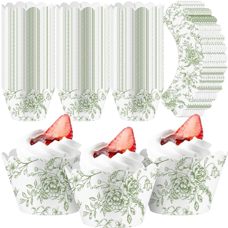 100 PCS Green Floral Rustic Cupcake Wrapper Baking Liners Wedding Party Decor