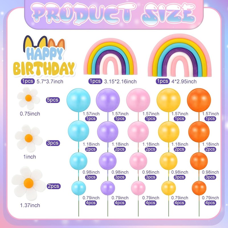 63 Pcs Cake Toppers with Balls Daisy Rainbow Cake Topper, Blue Cake Topper gallery
