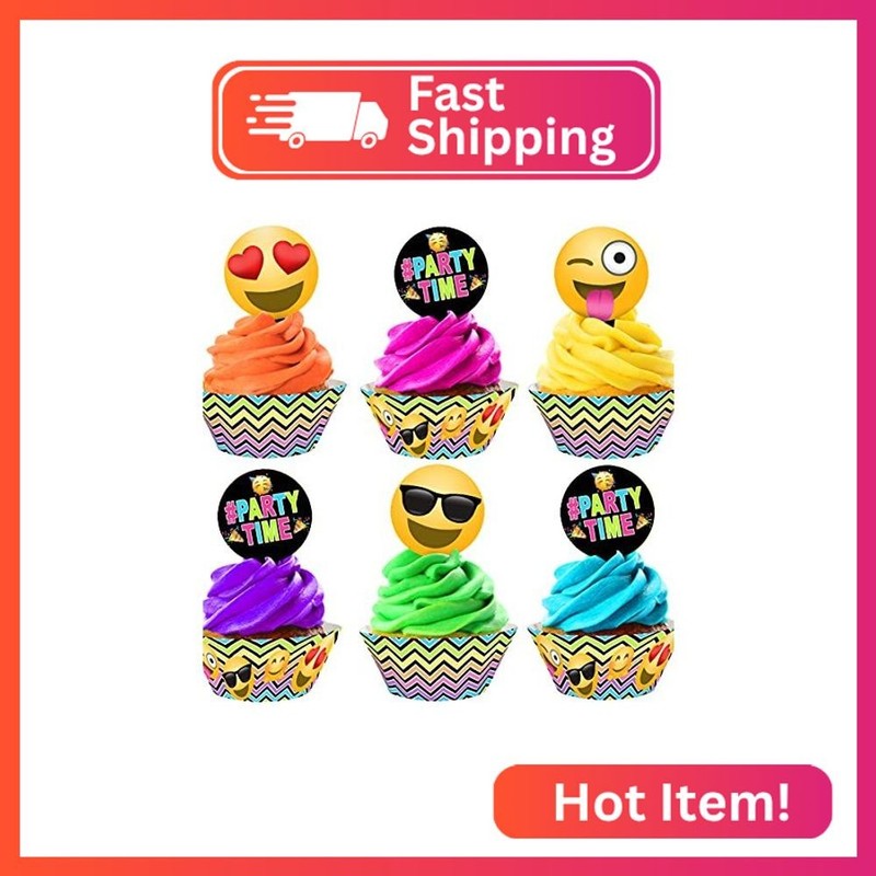 Smile Face Cupcake Kit – 48 Pieces – 24 Cupcake Toppers and 24 Cupcake Wrappers